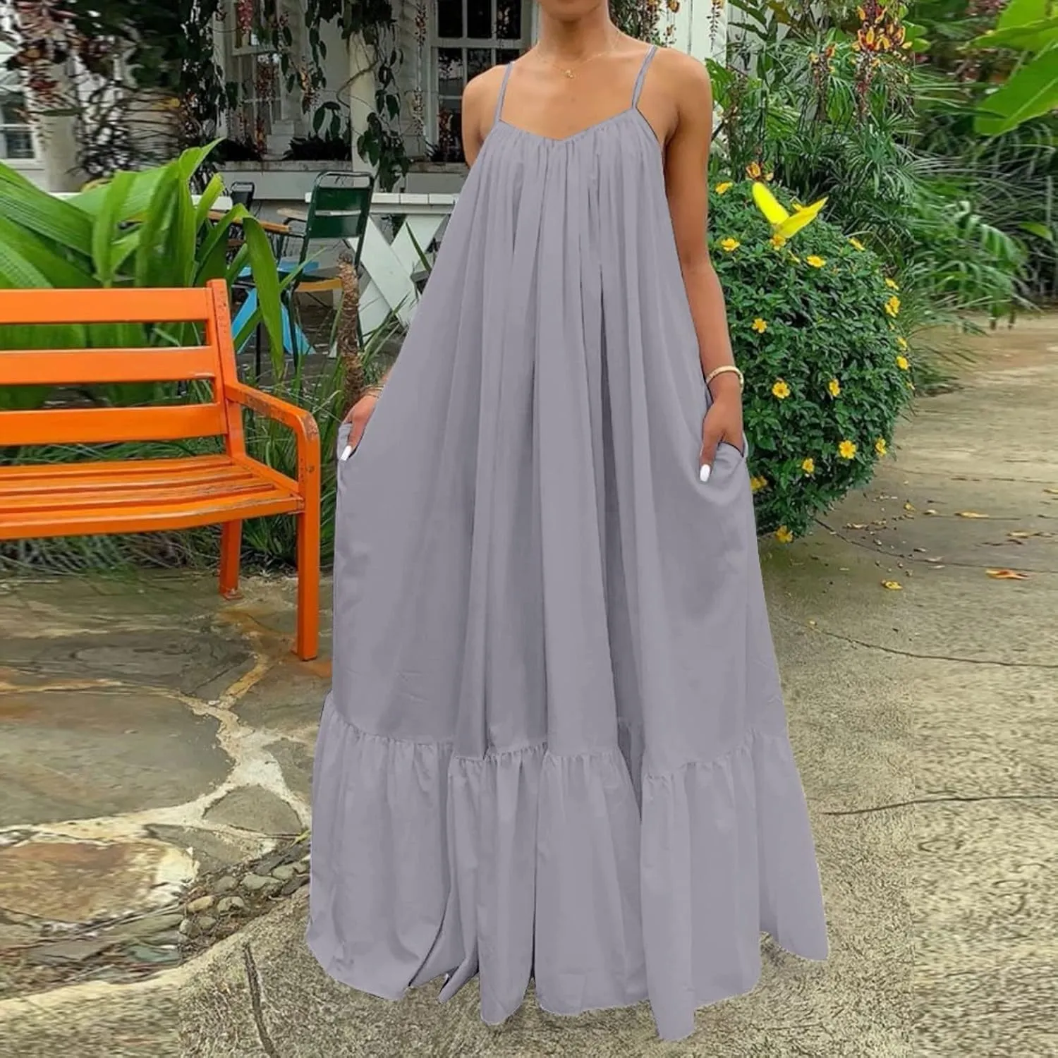 Spaghetti Strap Dresses for Women Plus Size Summer Sleeveless Casual Flowy Boho Dress Ruffle Swing Midi Sundress