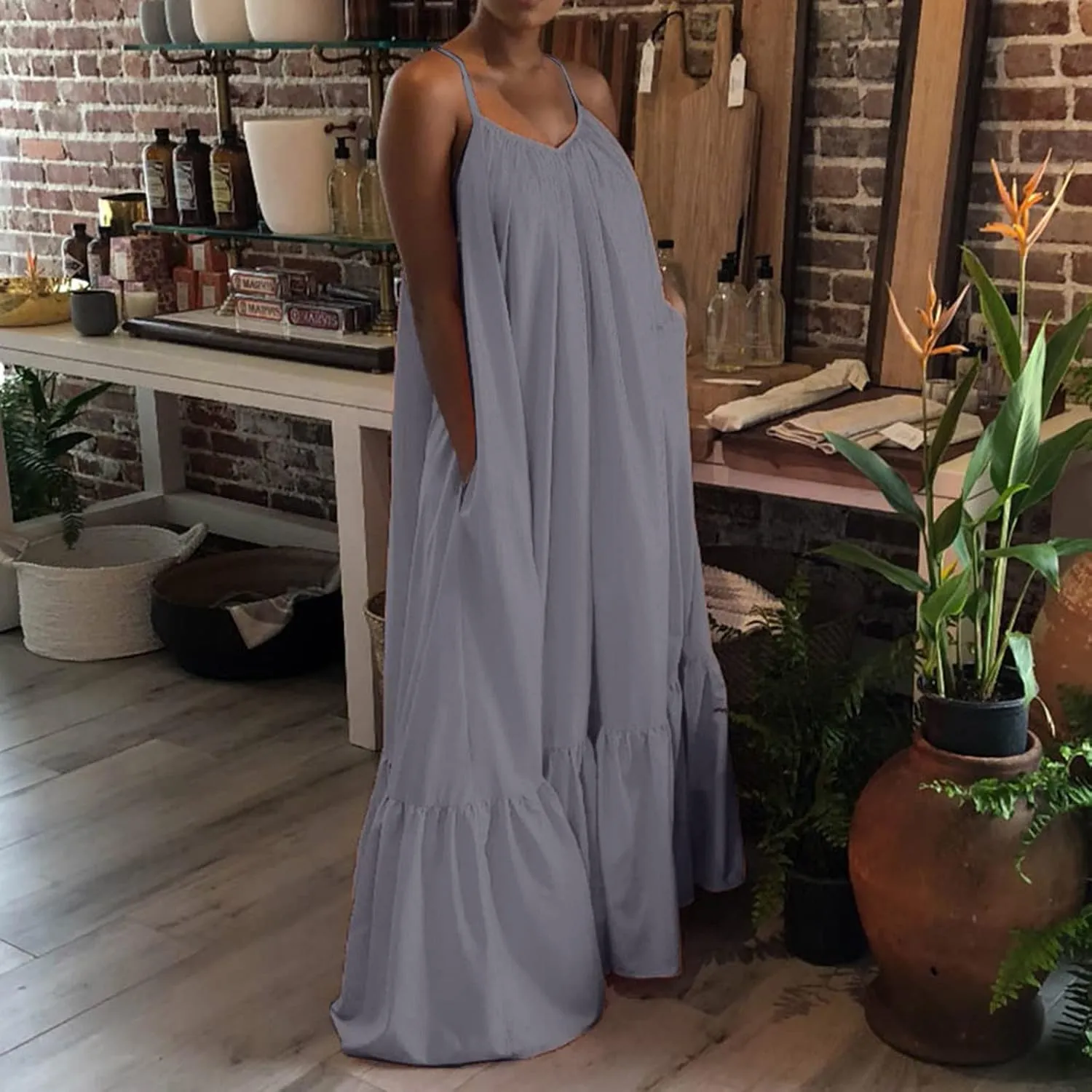 Spaghetti Strap Dresses for Women Plus Size Summer Sleeveless Casual Flowy Boho Dress Ruffle Swing Midi Sundress