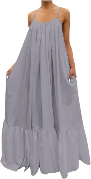 Spaghetti Strap Dresses for Women Plus Size Summer Sleeveless Casual Flowy Boho Dress Ruffle Swing Midi Sundress