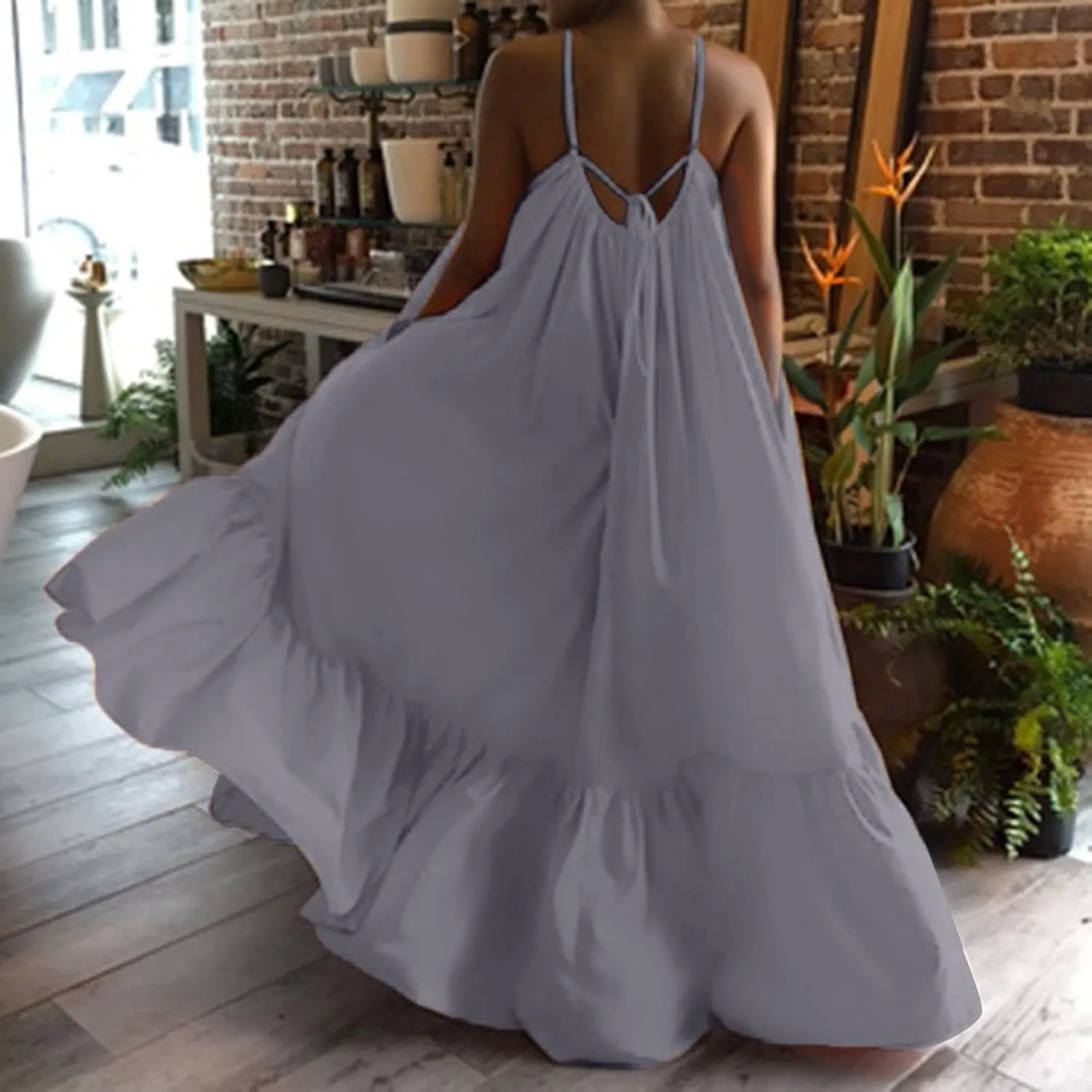 Spaghetti Strap Dresses for Women Plus Size Summer Sleeveless Casual Flowy Boho Dress Ruffle Swing Midi Sundress