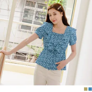 SQUARE NECK FLORAL PRINTED SHORT SLEEVE RUFFLE TOPS