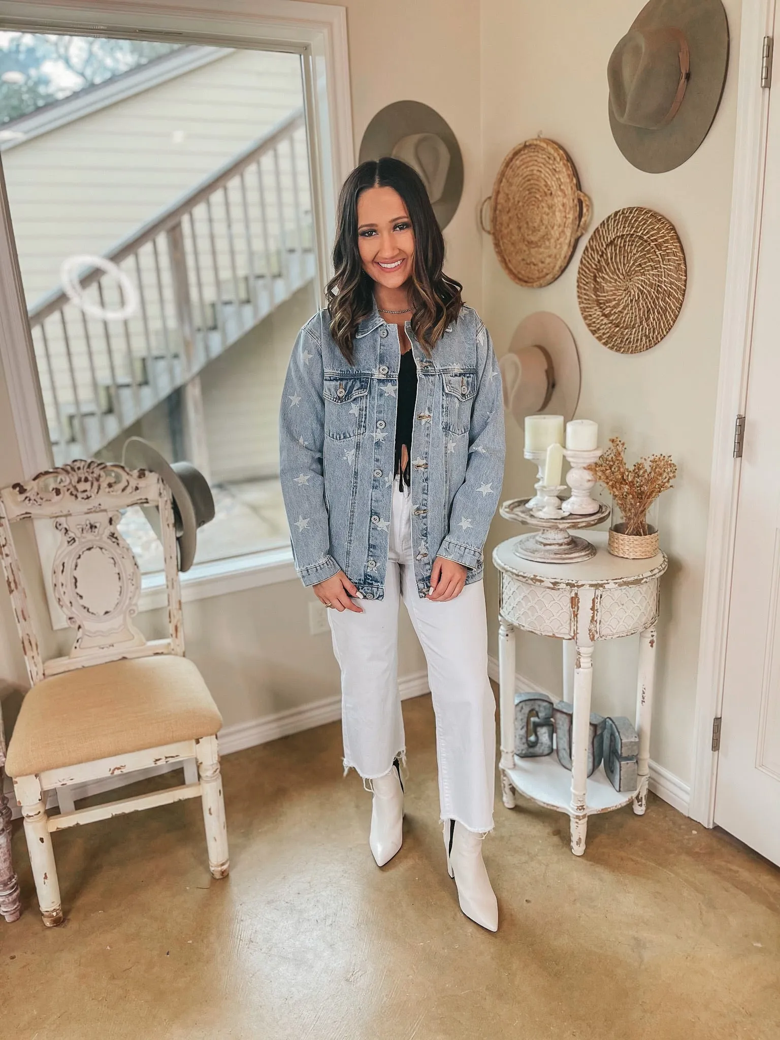 Star Sign Button Up Denim Jacket with Stars in Light Wash