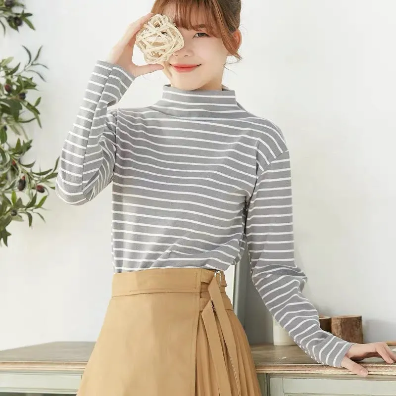 Striped Cation Matching Women Half-Height Collar Warm Matching Knitted Tops Outerwear