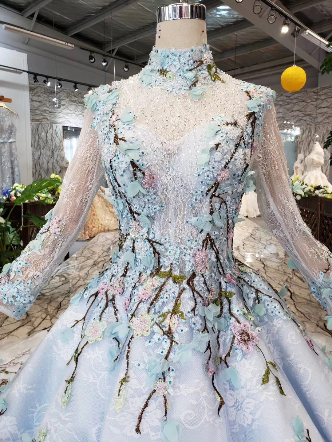 Stunning Light Blue Long Sleeve Wedding Dresses High Neck Quinceanera Dresses WK772