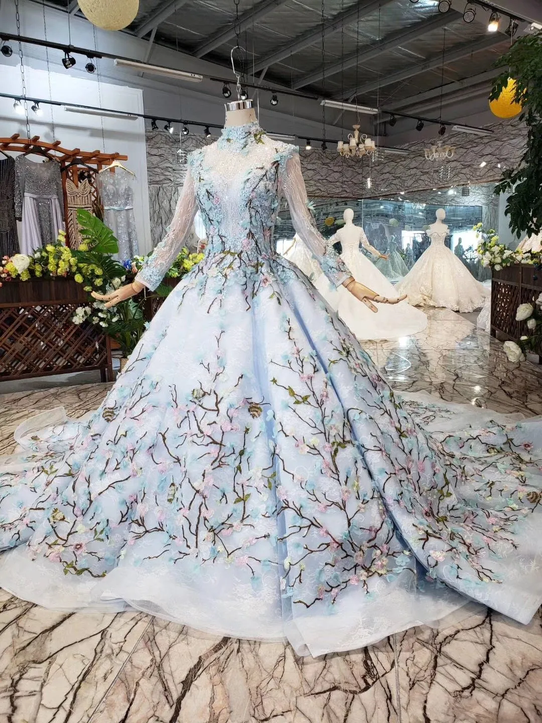 Stunning Light Blue Long Sleeve Wedding Dresses High Neck Quinceanera Dresses WK772