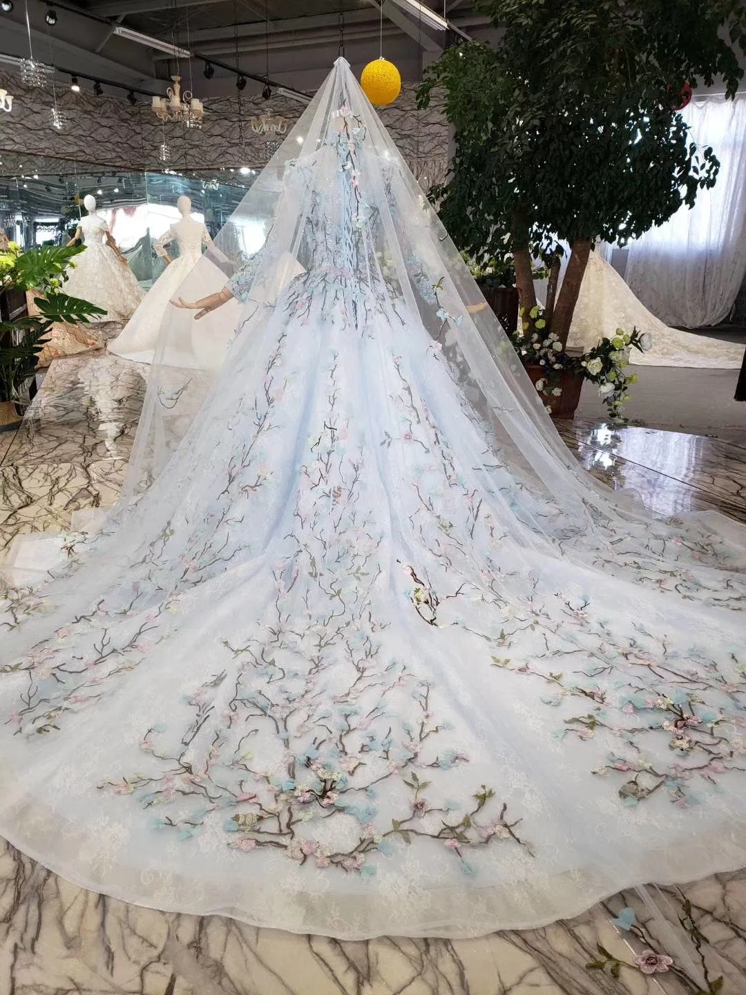 Stunning Light Blue Long Sleeve Wedding Dresses High Neck Quinceanera Dresses WK772