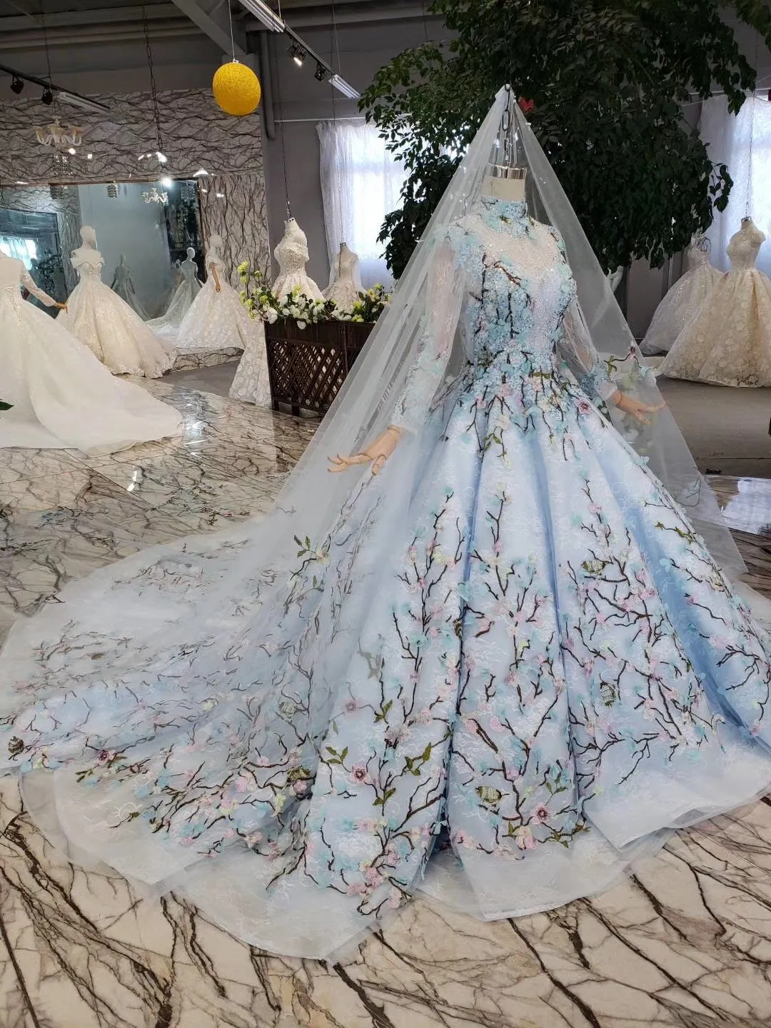 Stunning Light Blue Long Sleeve Wedding Dresses High Neck Quinceanera Dresses WK772