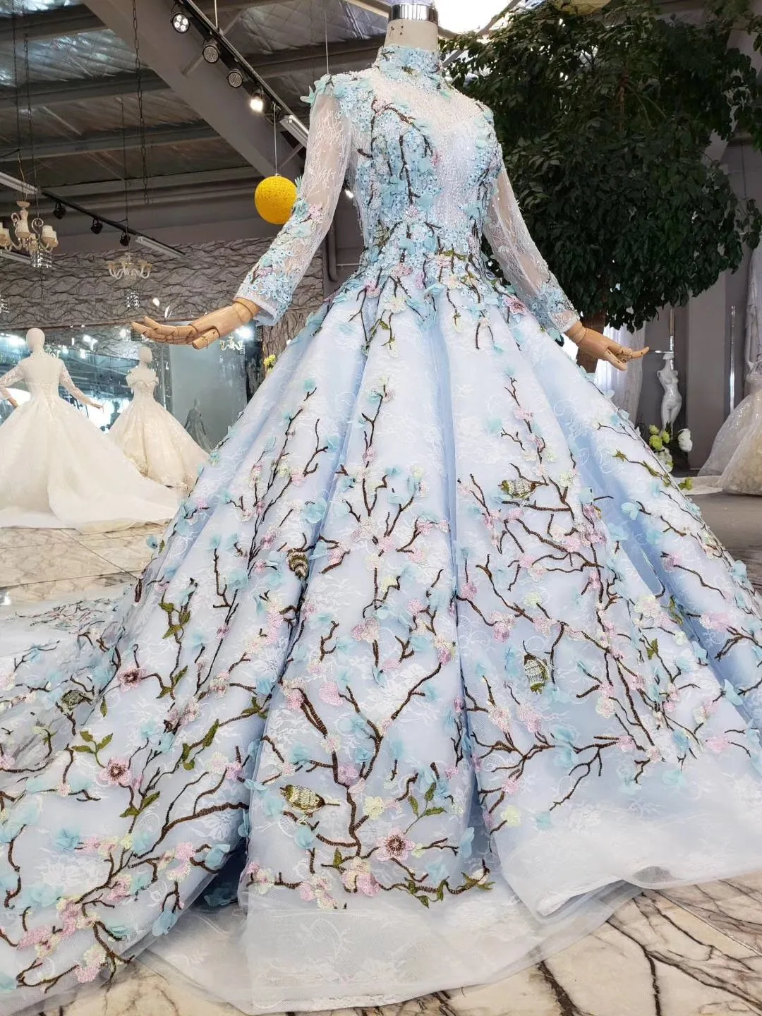 Stunning Light Blue Long Sleeve Wedding Dresses High Neck Quinceanera Dresses WK772