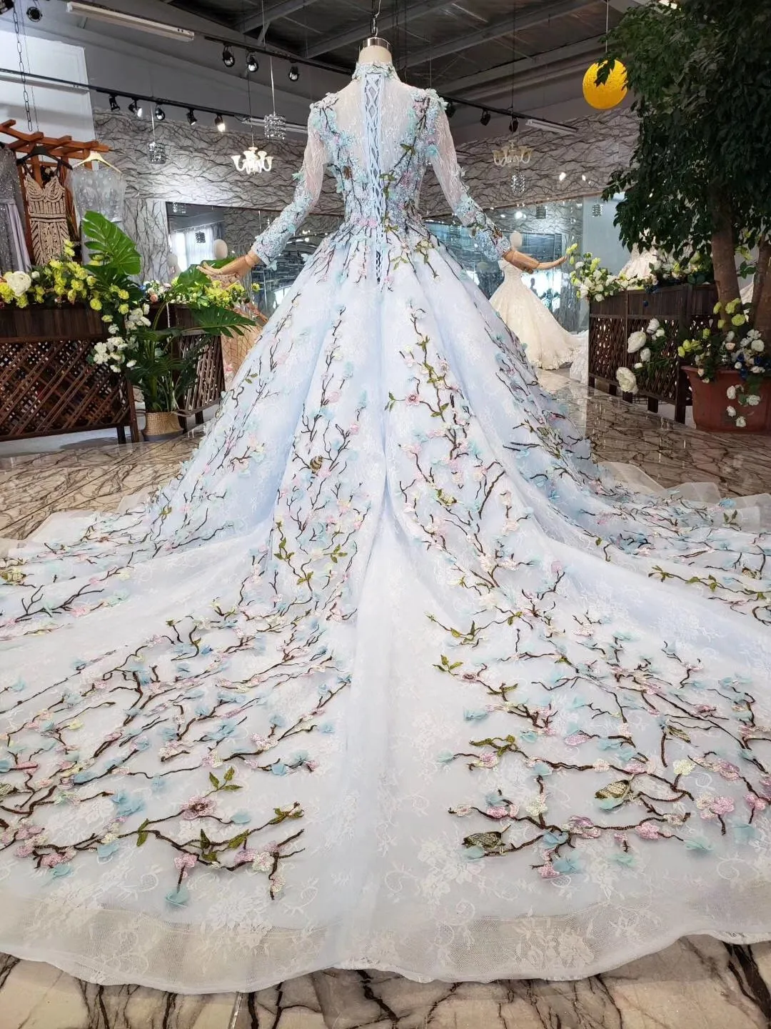 Stunning Light Blue Long Sleeve Wedding Dresses High Neck Quinceanera Dresses WK772