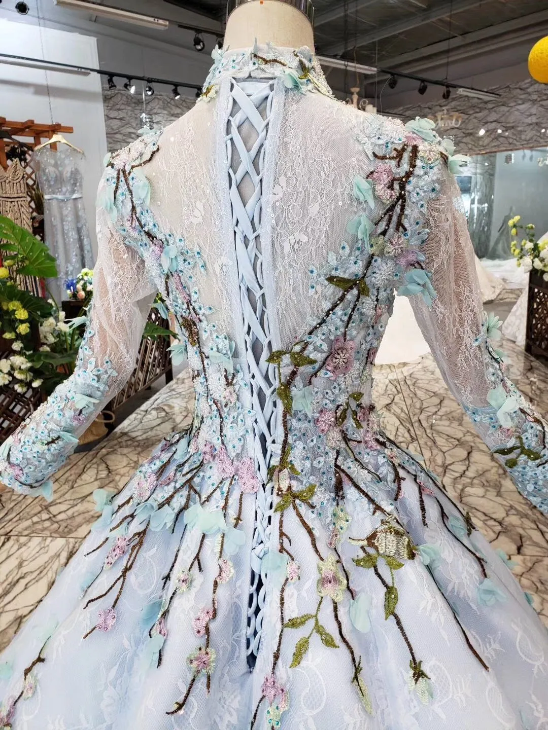 Stunning Light Blue Long Sleeve Wedding Dresses High Neck Quinceanera Dresses WK772
