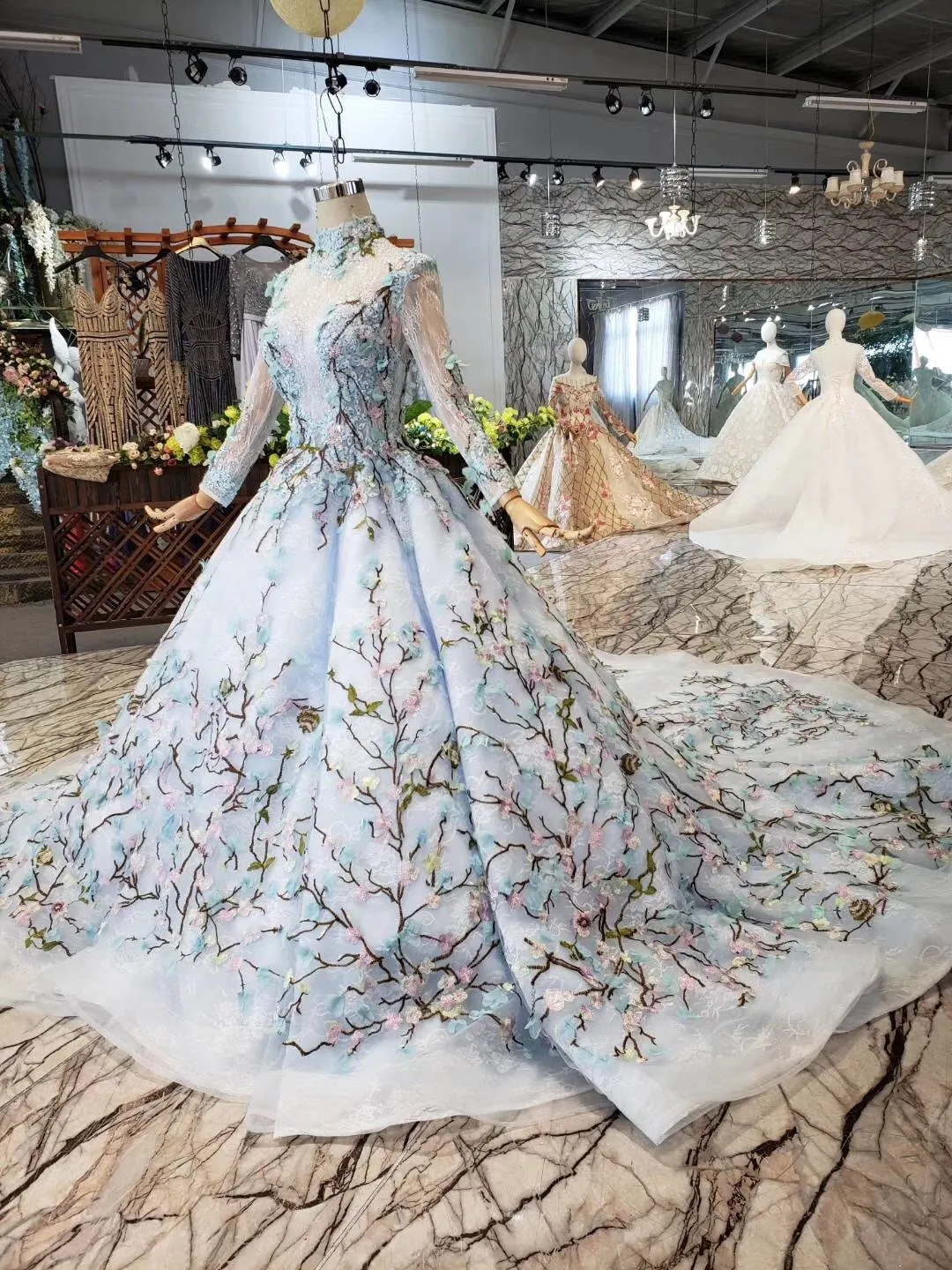 Stunning Light Blue Long Sleeve Wedding Dresses High Neck Quinceanera Dresses WK772