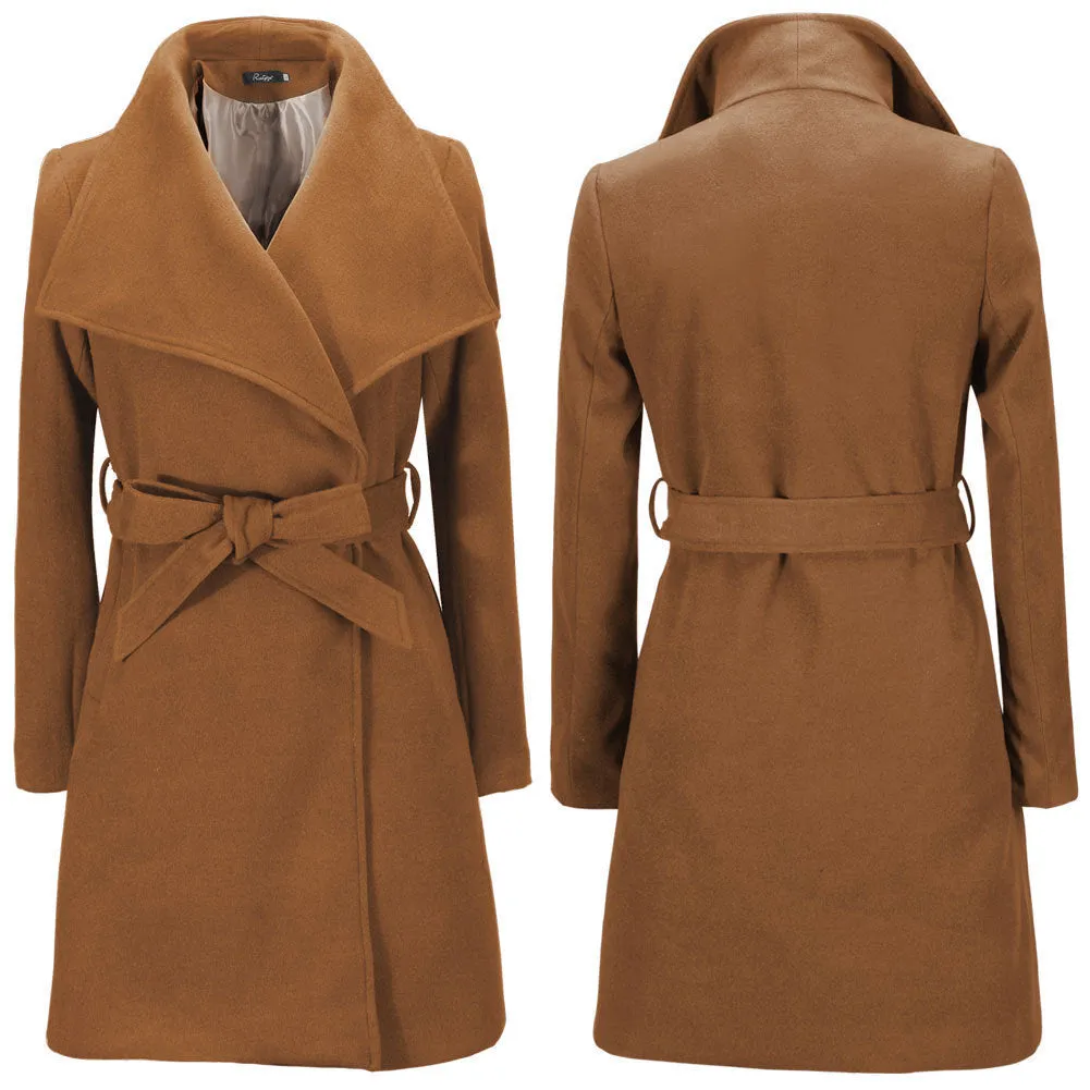 Turn-down Collar Mid-length New Wool Coat With Belt on