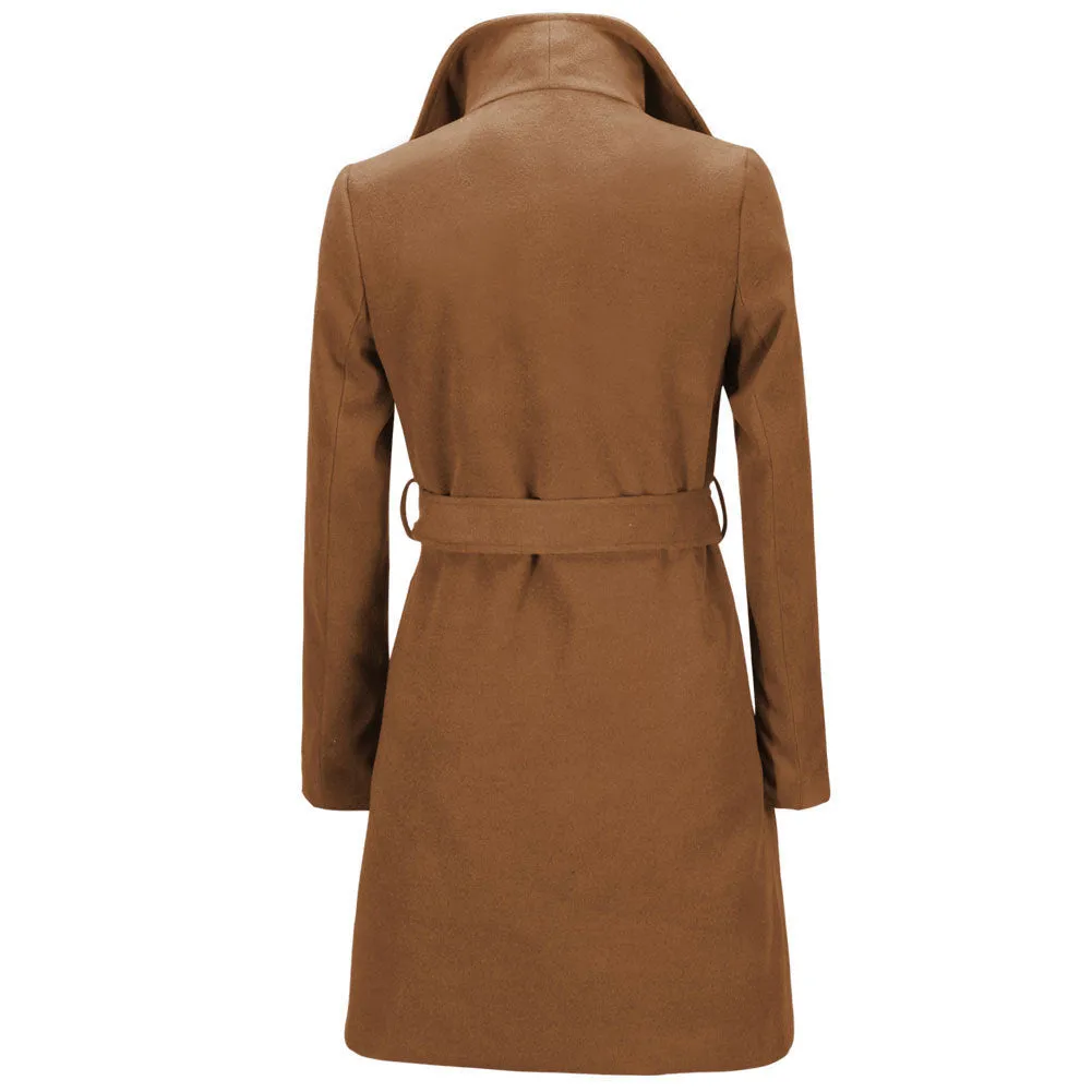 Turn-down Collar Mid-length New Wool Coat With Belt on