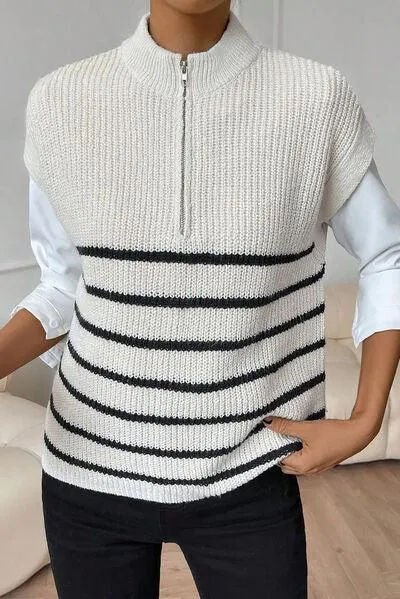 Versatile Chic Striped Mock Neck Sweater Vest