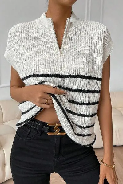 Versatile Chic Striped Mock Neck Sweater Vest