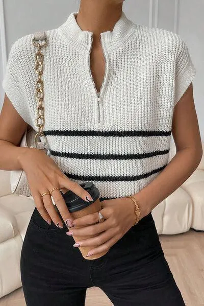 Versatile Chic Striped Mock Neck Sweater Vest