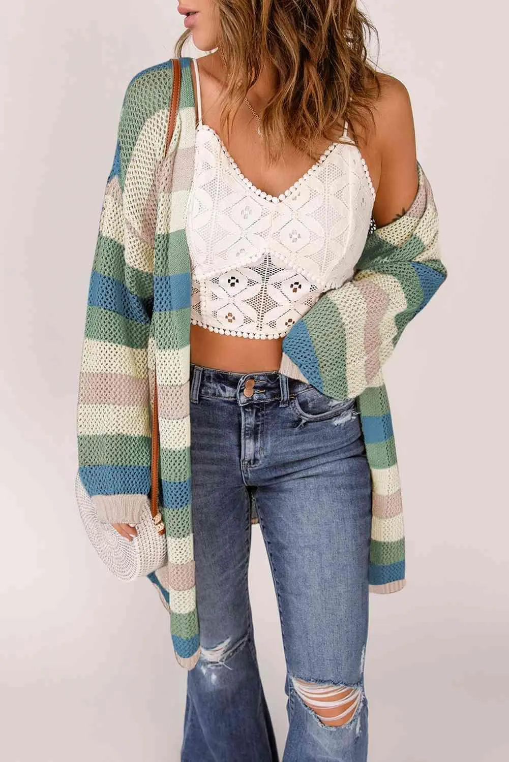 Versatile Layer Open Knit Long Striped Cardigan