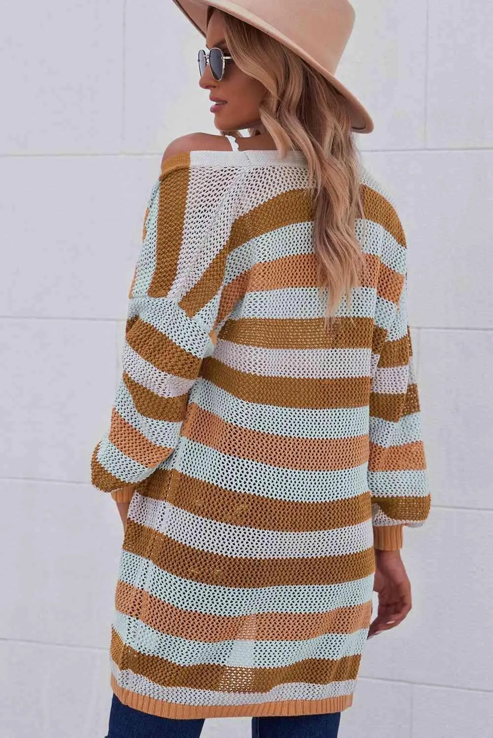 Versatile Layer Open Knit Long Striped Cardigan