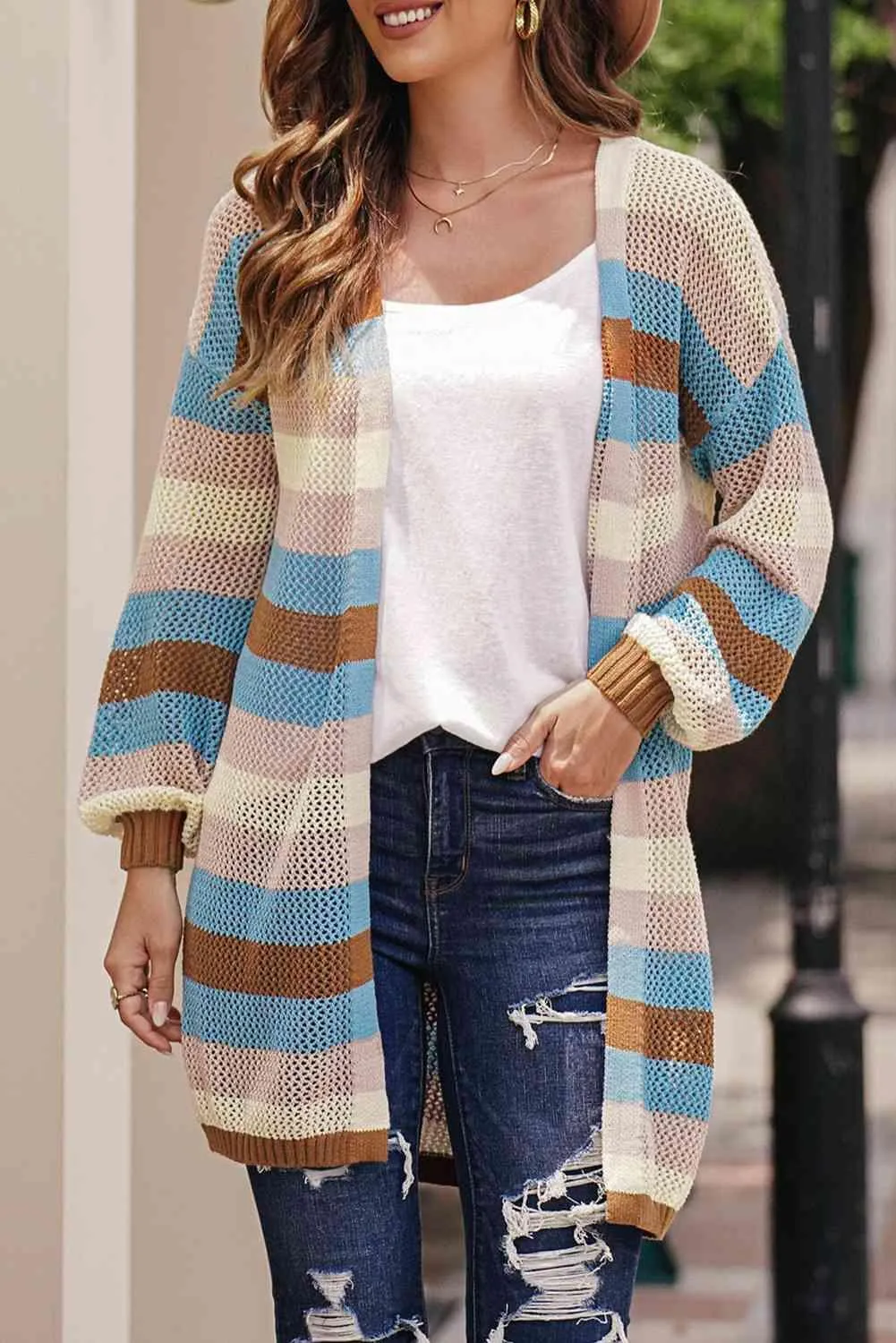 Versatile Layer Open Knit Long Striped Cardigan