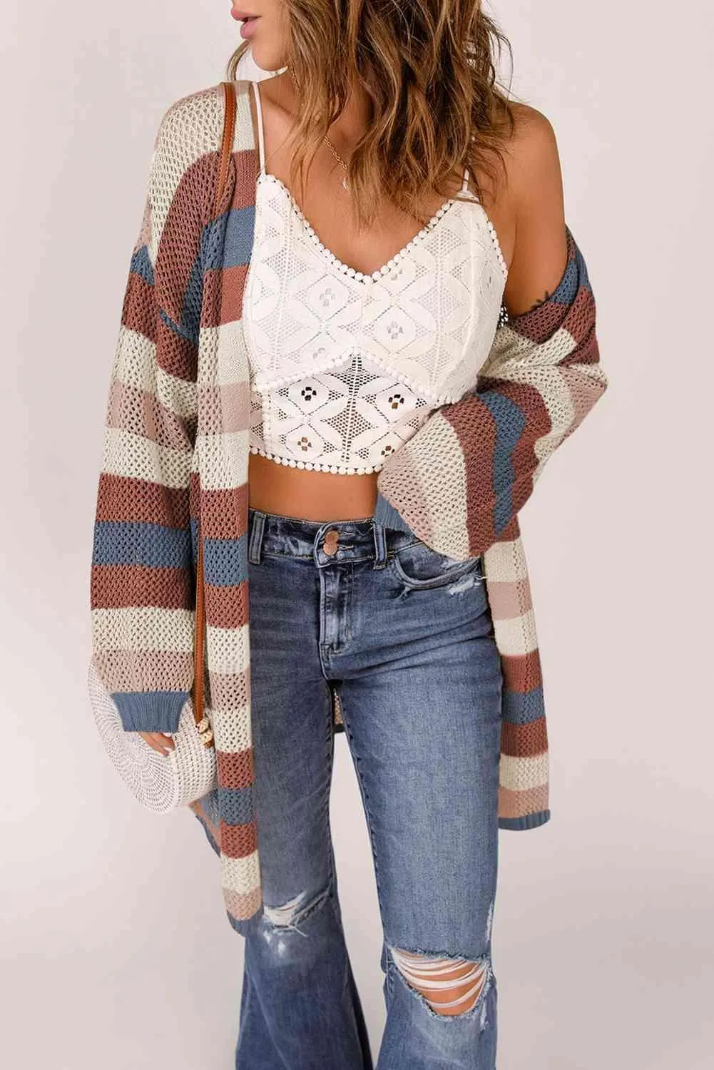 Versatile Layer Open Knit Long Striped Cardigan