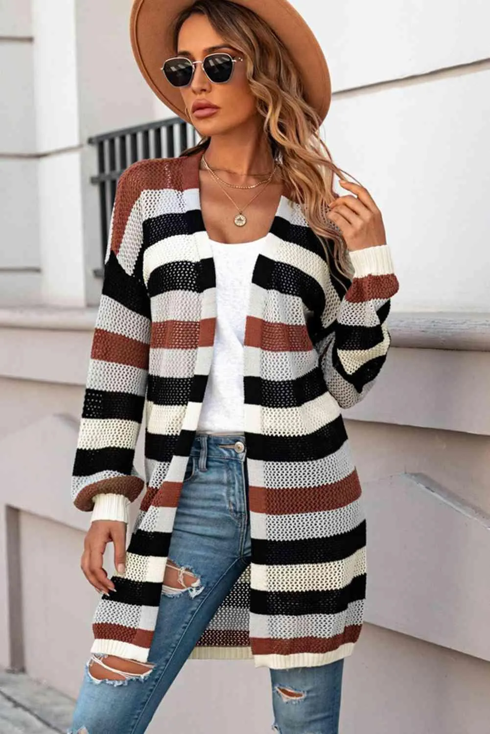 Versatile Layer Open Knit Long Striped Cardigan
