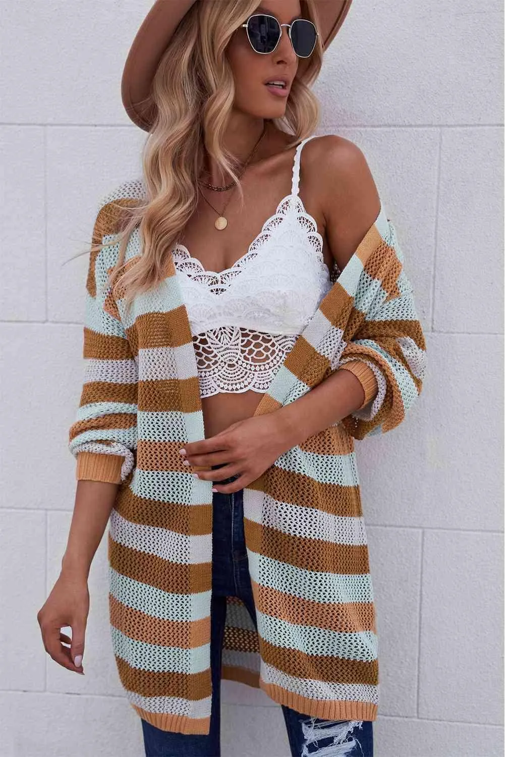 Versatile Layer Open Knit Long Striped Cardigan