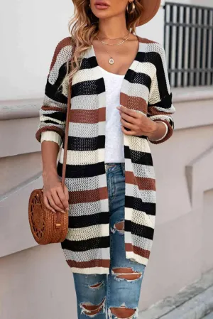 Versatile Layer Open Knit Long Striped Cardigan