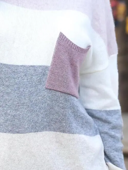 Versatile Striped Crew Neck Sweater With Pocket