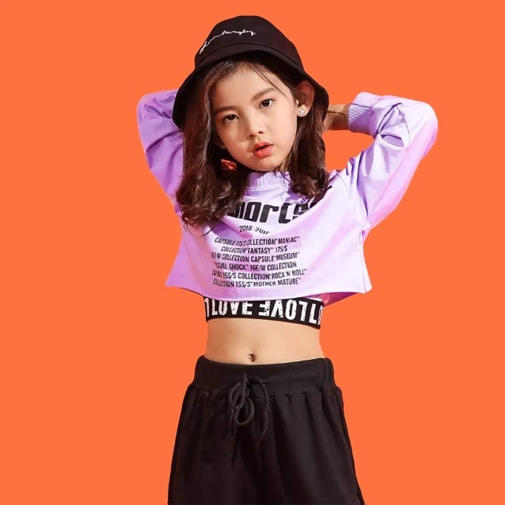 [VIP]Girl's Hip Hop Street Dance Crop Top Joggering Pants Clothing Set