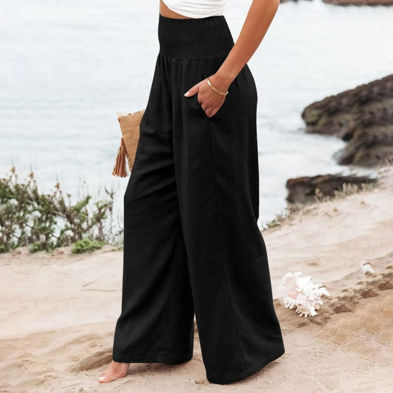Wide Leg Pants for Women Linen Palazzo Pants Summer Boho High Waist Casual Lounge 2025 Beach Travel Vacation Pant