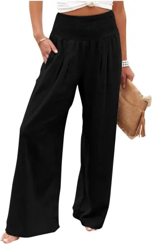 Wide Leg Pants for Women Linen Palazzo Pants Summer Boho High Waist Casual Lounge 2025 Beach Travel Vacation Pant
