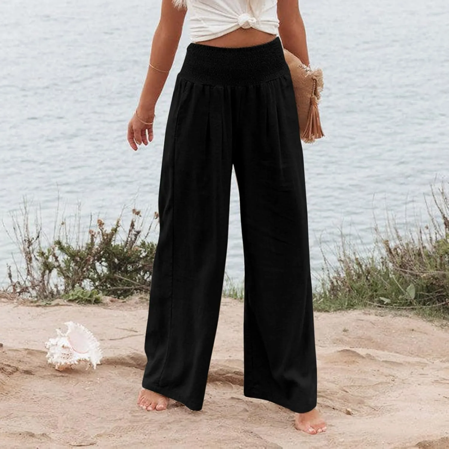 Wide Leg Pants for Women Linen Palazzo Pants Summer Boho High Waist Casual Lounge 2025 Beach Travel Vacation Pant