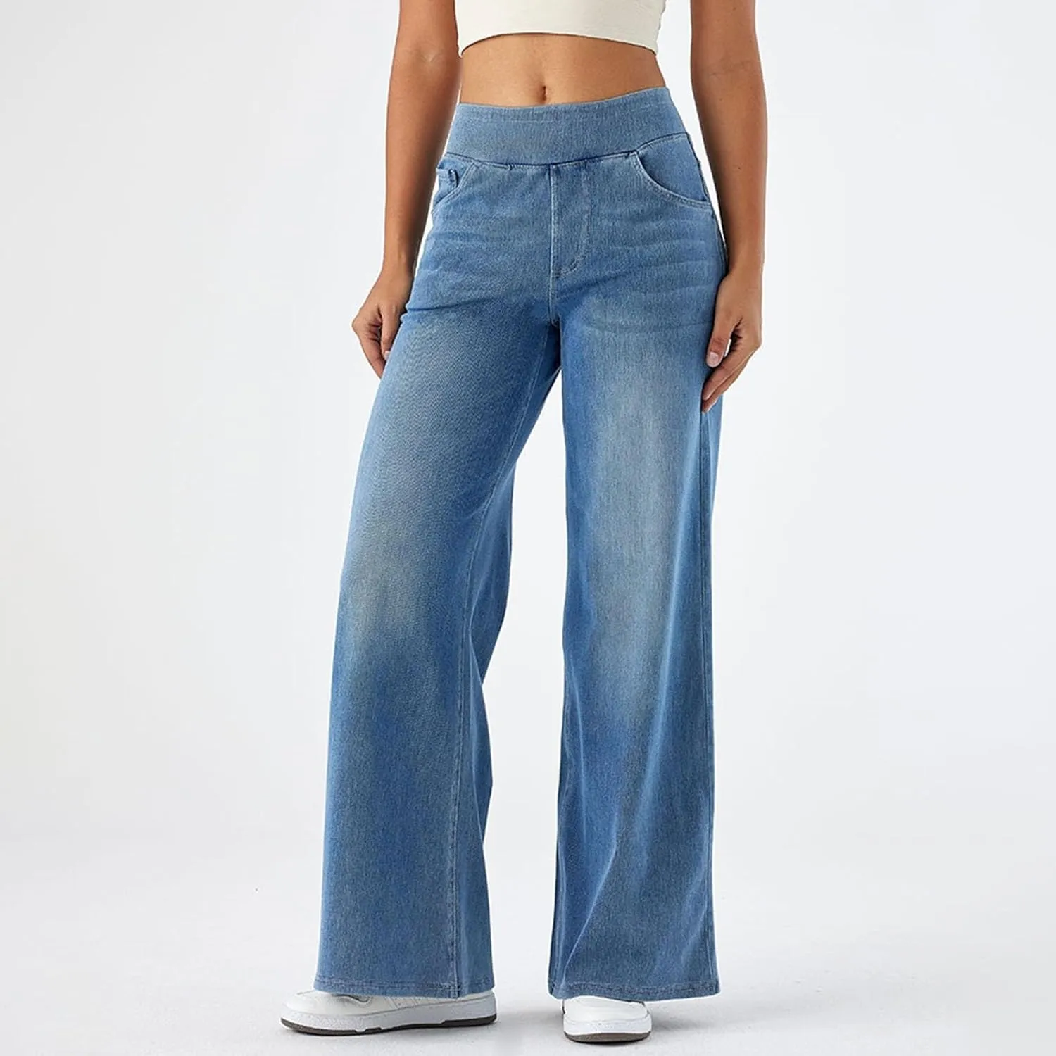 Women High Waisted Jeans Sweatpants That Look Like Jeans Stretchy Pull On Wide Leg Denim Pants with Pockets