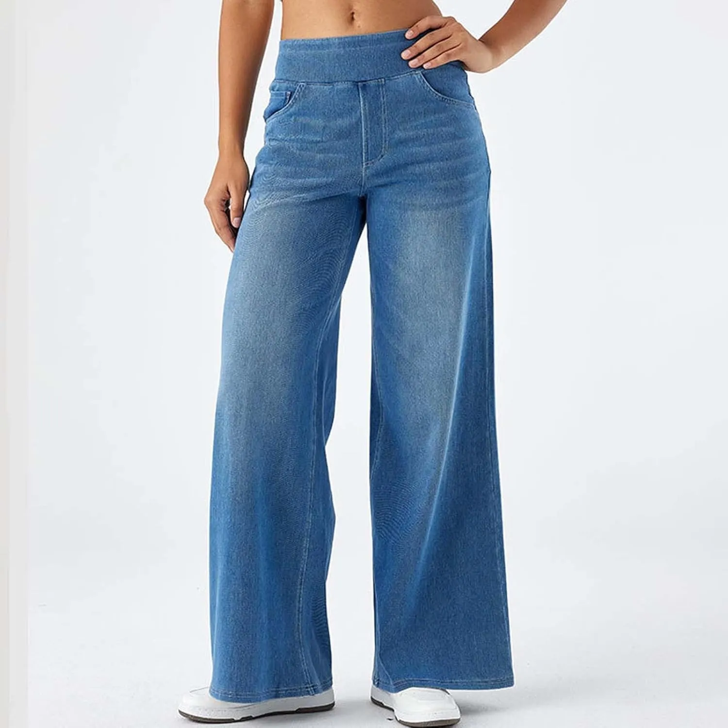 Women High Waisted Jeans Sweatpants That Look Like Jeans Stretchy Pull On Wide Leg Denim Pants with Pockets
