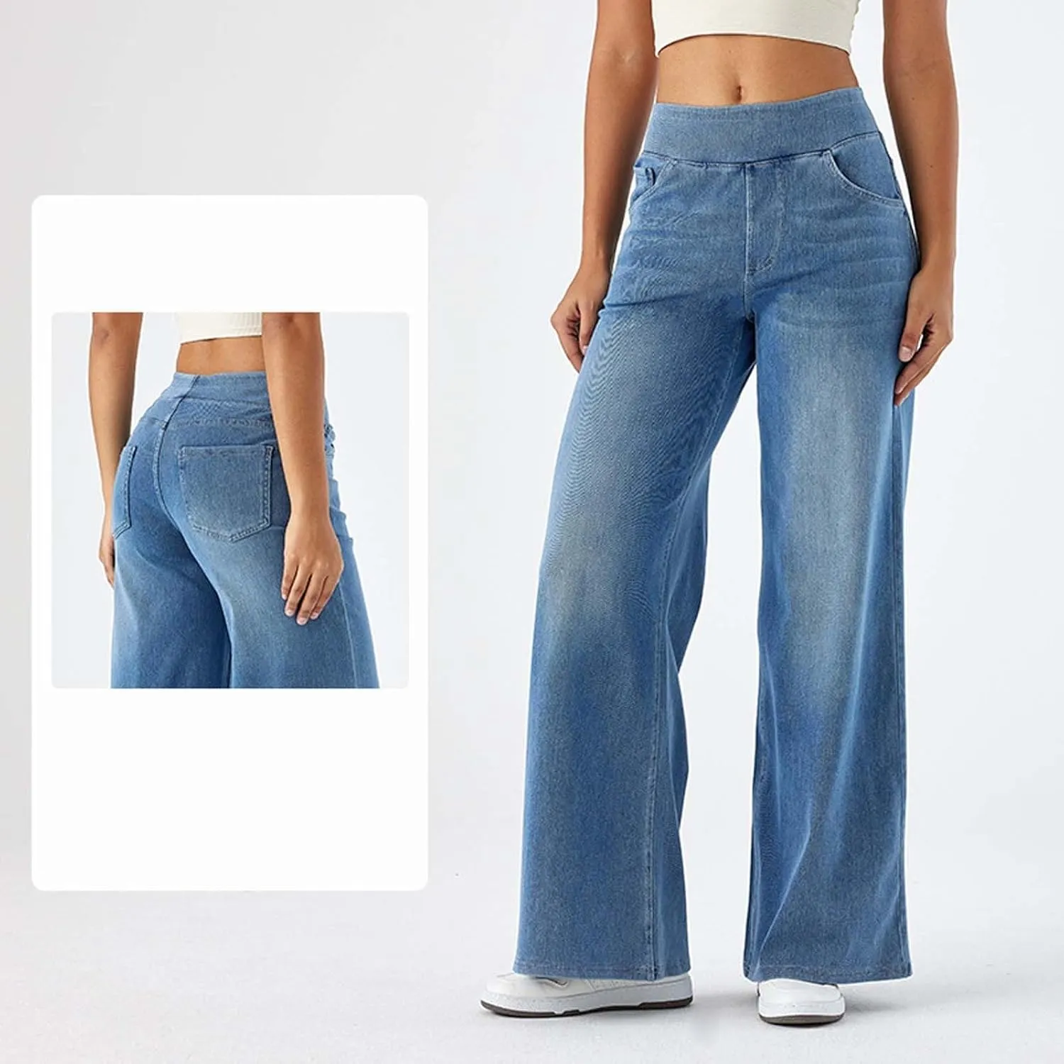 Women High Waisted Jeans Sweatpants That Look Like Jeans Stretchy Pull On Wide Leg Denim Pants with Pockets