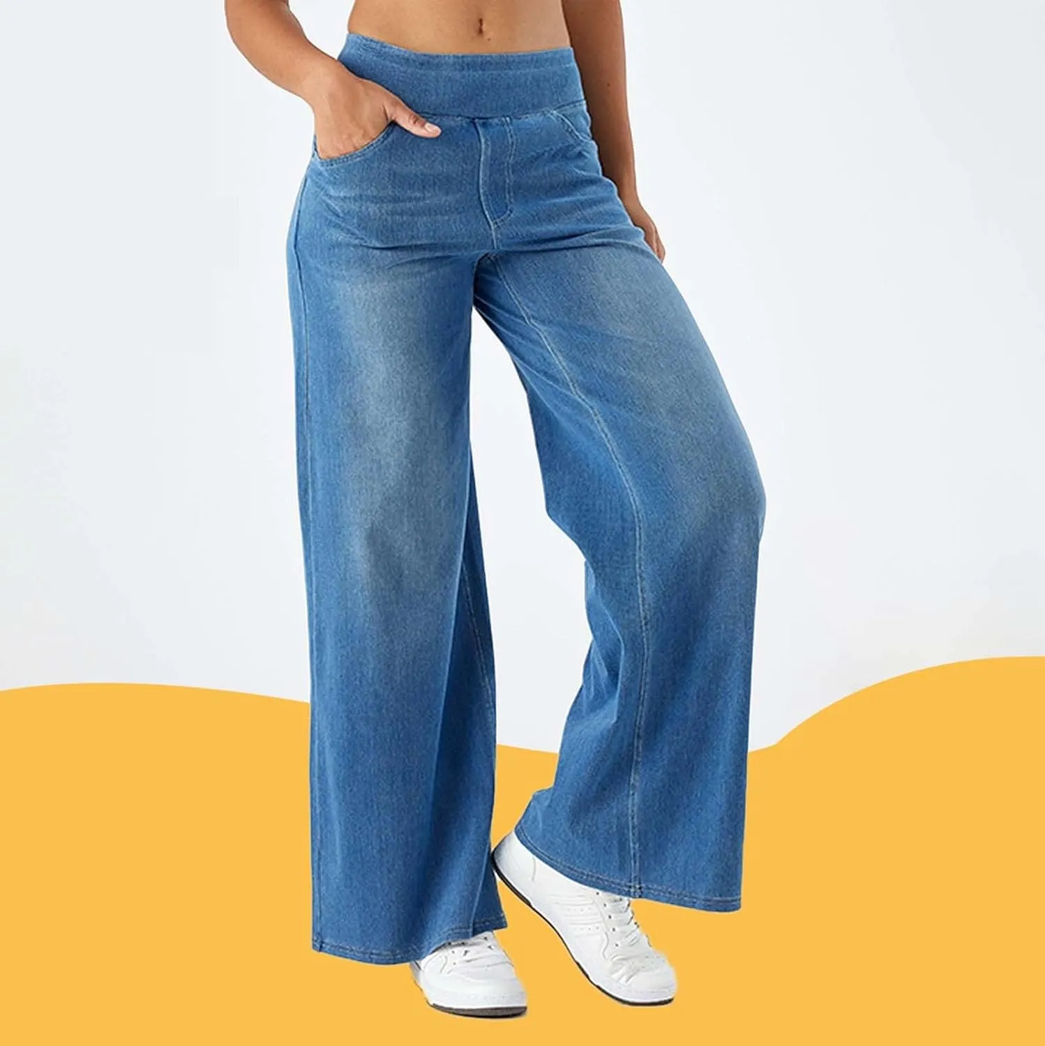 Women High Waisted Jeans Sweatpants That Look Like Jeans Stretchy Pull On Wide Leg Denim Pants with Pockets