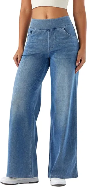 Women High Waisted Jeans Sweatpants That Look Like Jeans Stretchy Pull On Wide Leg Denim Pants with Pockets