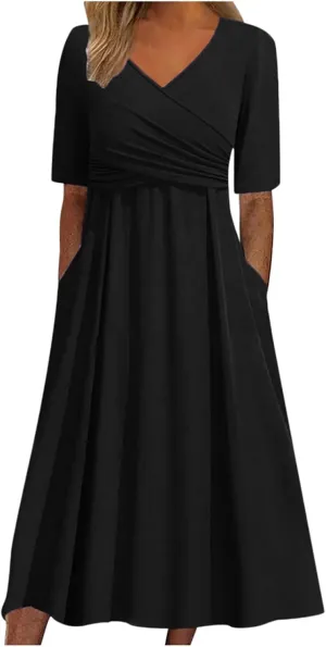 Women's Boho Floral Flowy A Line Midi Dress Casual Loose Summer Short Sleeve Beach Vacation Dresses with Pockets, Small, Zd-black