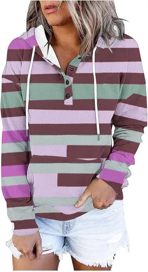 Women's Casual Striped Printed Hoodies Tops Button Pocket Long Sleeve Hooded Sweatshirts Fall Pullover Tops