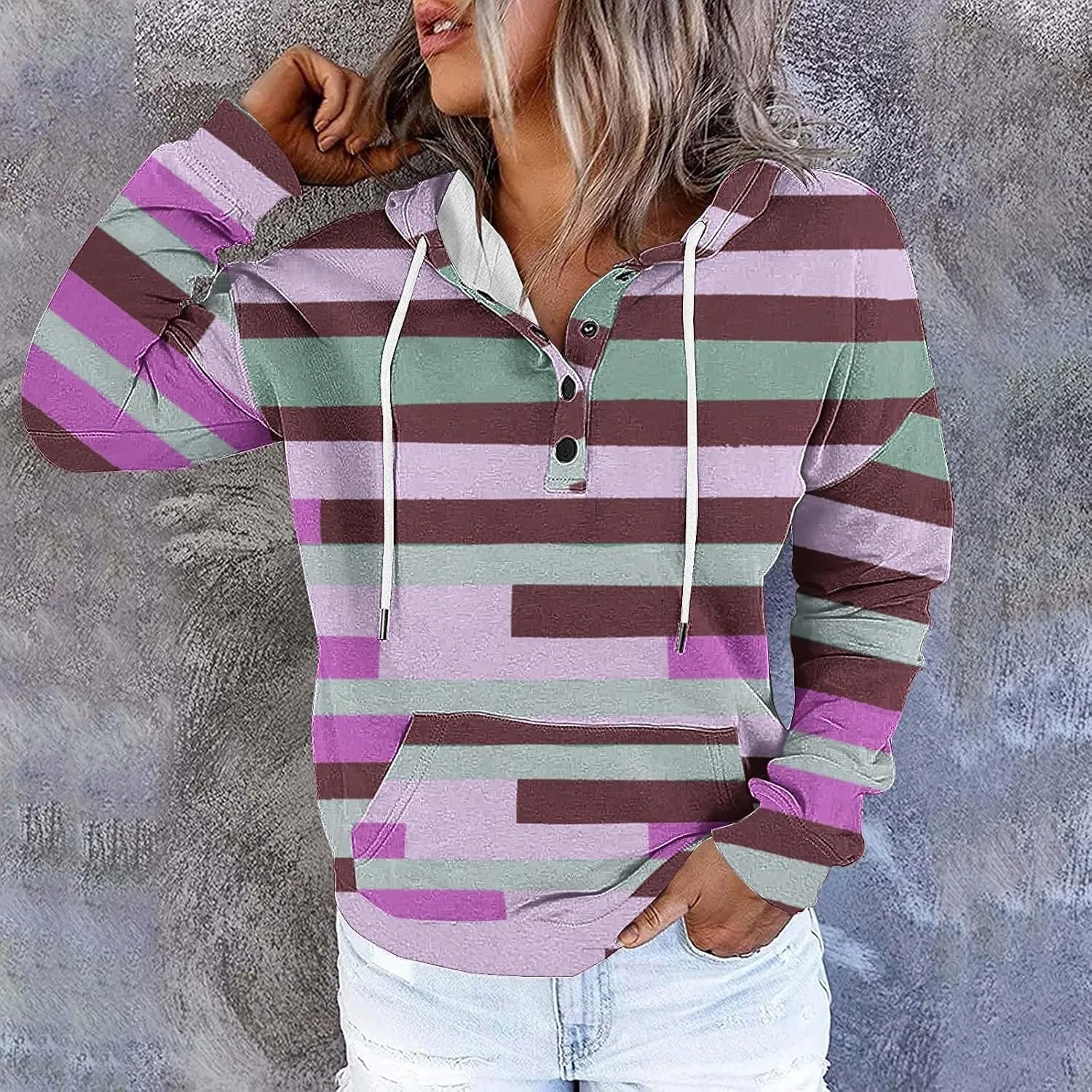 Women's Casual Striped Printed Hoodies Tops Button Pocket Long Sleeve Hooded Sweatshirts Fall Pullover Tops