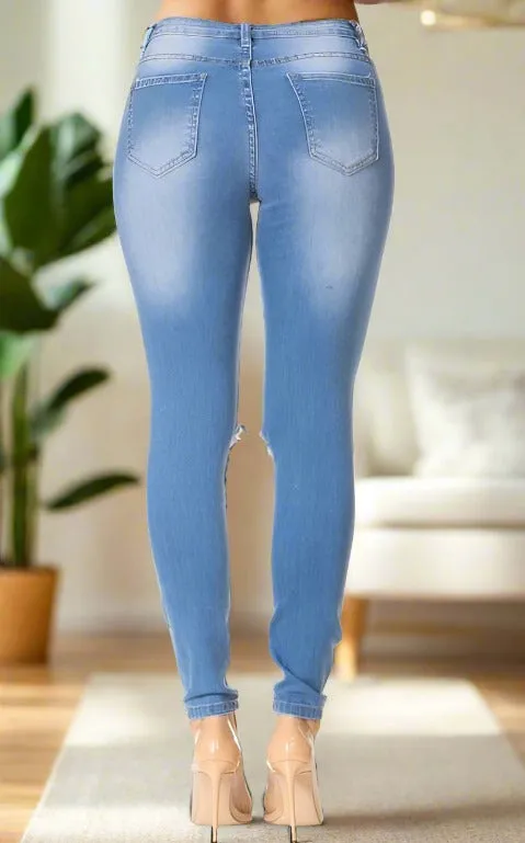 Womens Denim Couture Designer Jeans, Distressed Ripped Jeans, Sizes S/M/L/XL, Light Wash