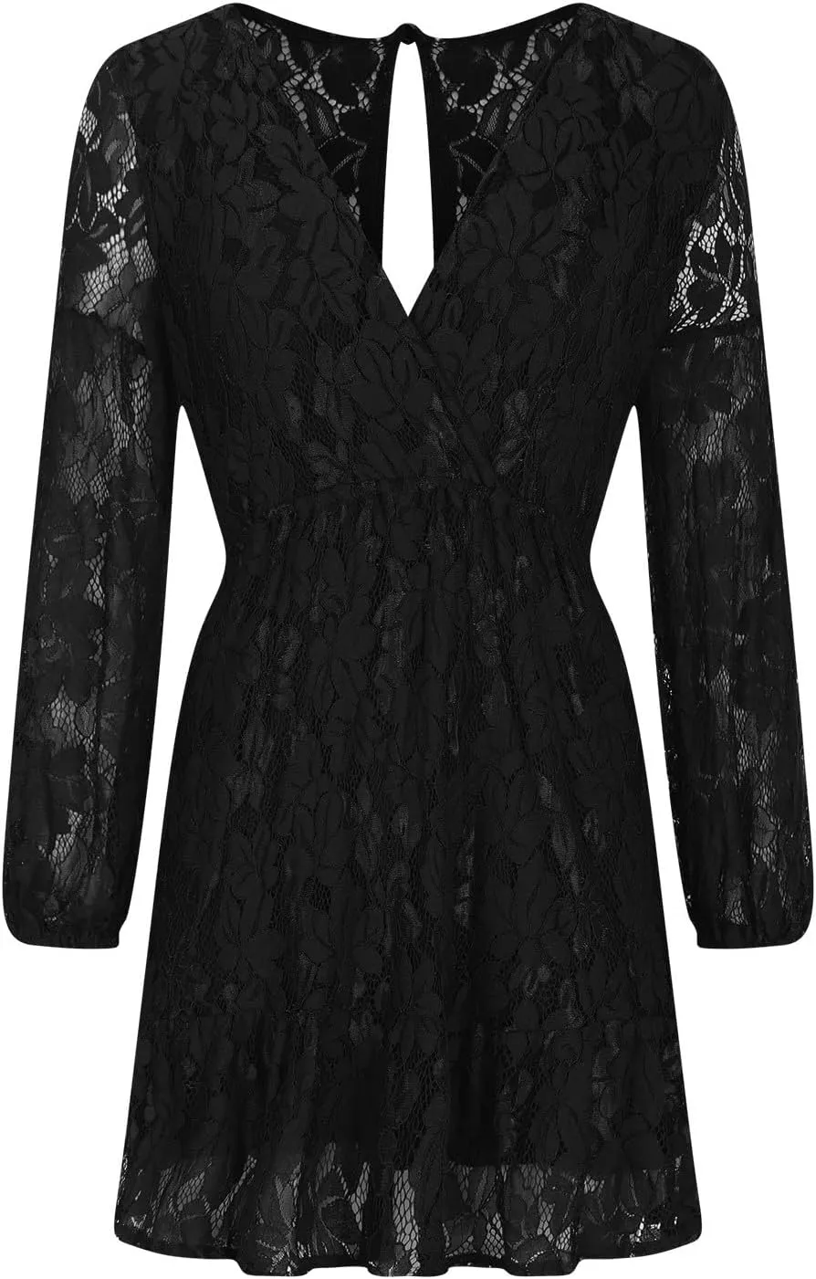 Women's Lace Ruffle Mini Fall Dresses V Neck Long Sleeve Elastic Waist Tie Semi Formal Wedding Guest Backless Dress
