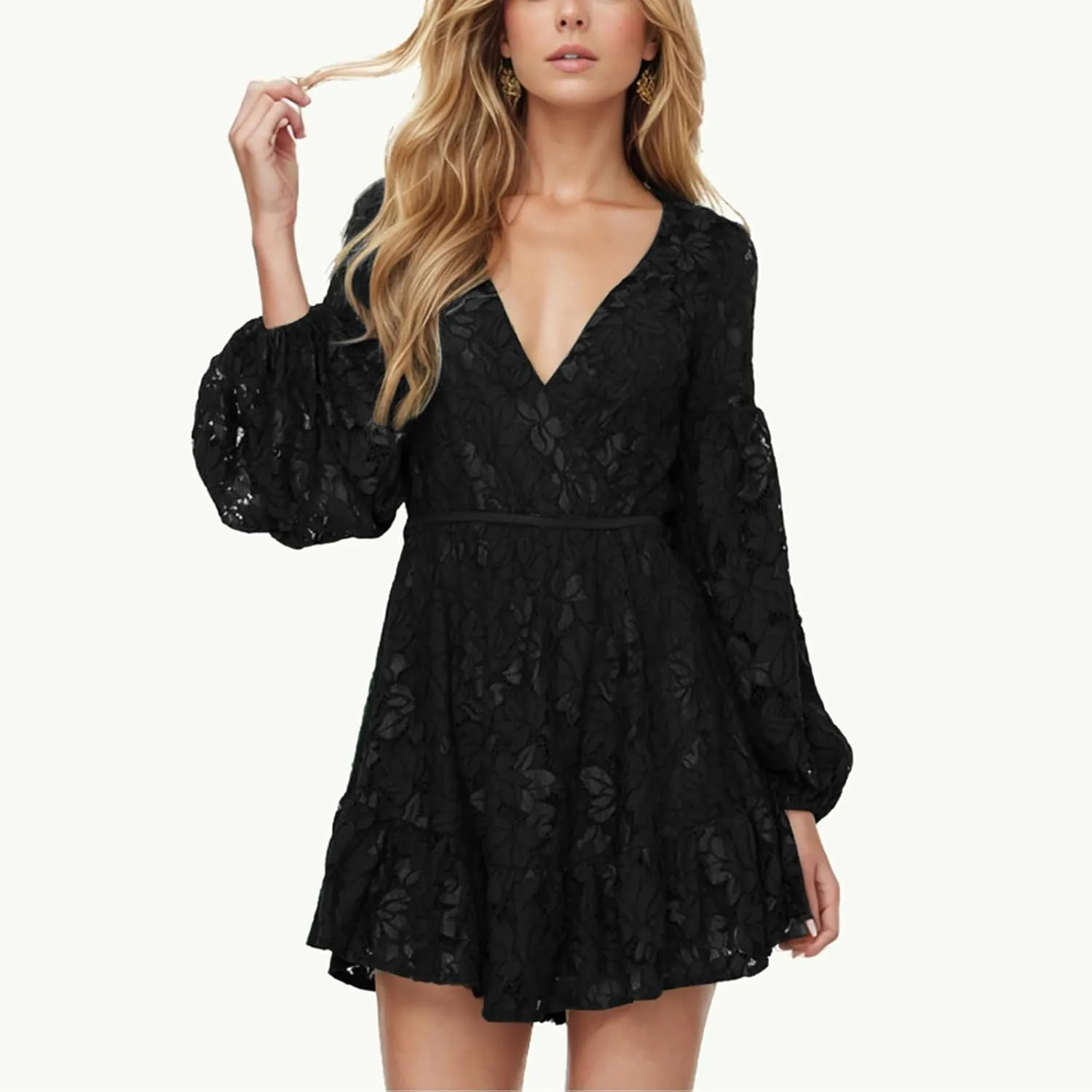 Women's Lace Ruffle Mini Fall Dresses V Neck Long Sleeve Elastic Waist Tie Semi Formal Wedding Guest Backless Dress