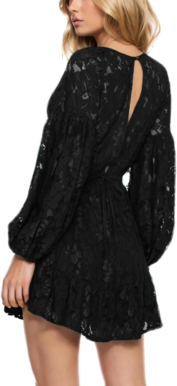 Women's Lace Ruffle Mini Fall Dresses V Neck Long Sleeve Elastic Waist Tie Semi Formal Wedding Guest Backless Dress