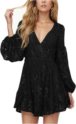Women's Lace Ruffle Mini Fall Dresses V Neck Long Sleeve Elastic Waist Tie Semi Formal Wedding Guest Backless Dress