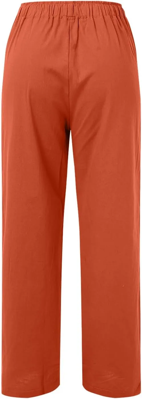 Women's Linen Pants 2025 Summer Loose High Waist Pleated Front Wide Leg Joggers Palazzo Pants Trousers with Pockets