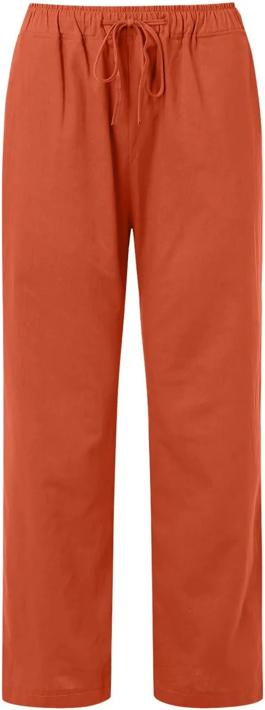 Women's Linen Pants 2025 Summer Loose High Waist Pleated Front Wide Leg Joggers Palazzo Pants Trousers with Pockets
