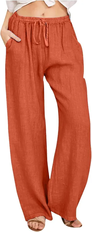 Women's Linen Pants 2025 Summer Loose High Waist Pleated Front Wide Leg Joggers Palazzo Pants Trousers with Pockets