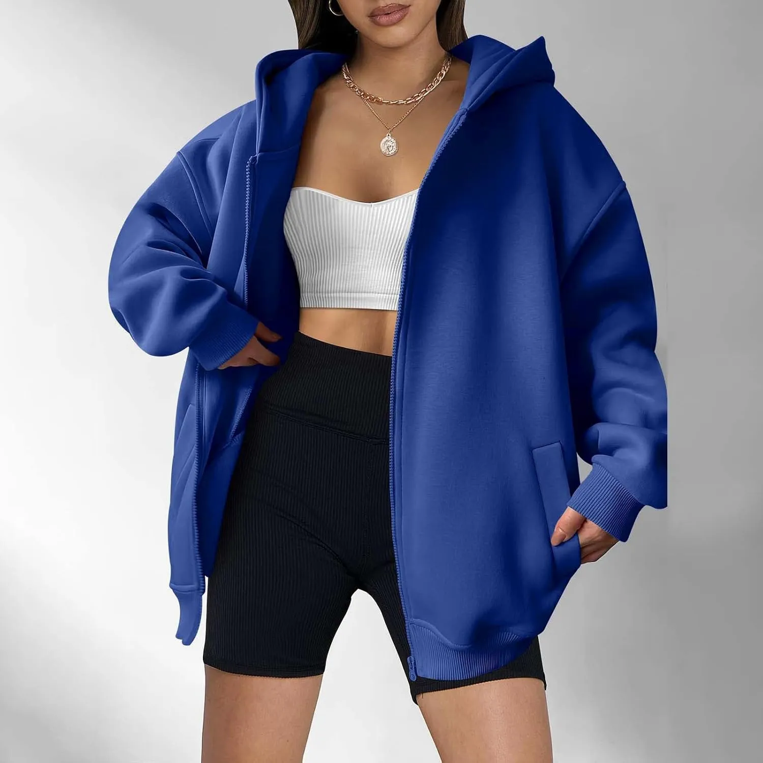 Women's Oversized Hooded Sweatshirt Full Zip Up Long Sleeve Jackets With Pockets Fall Outfits Y2K Teen Girls Clothes