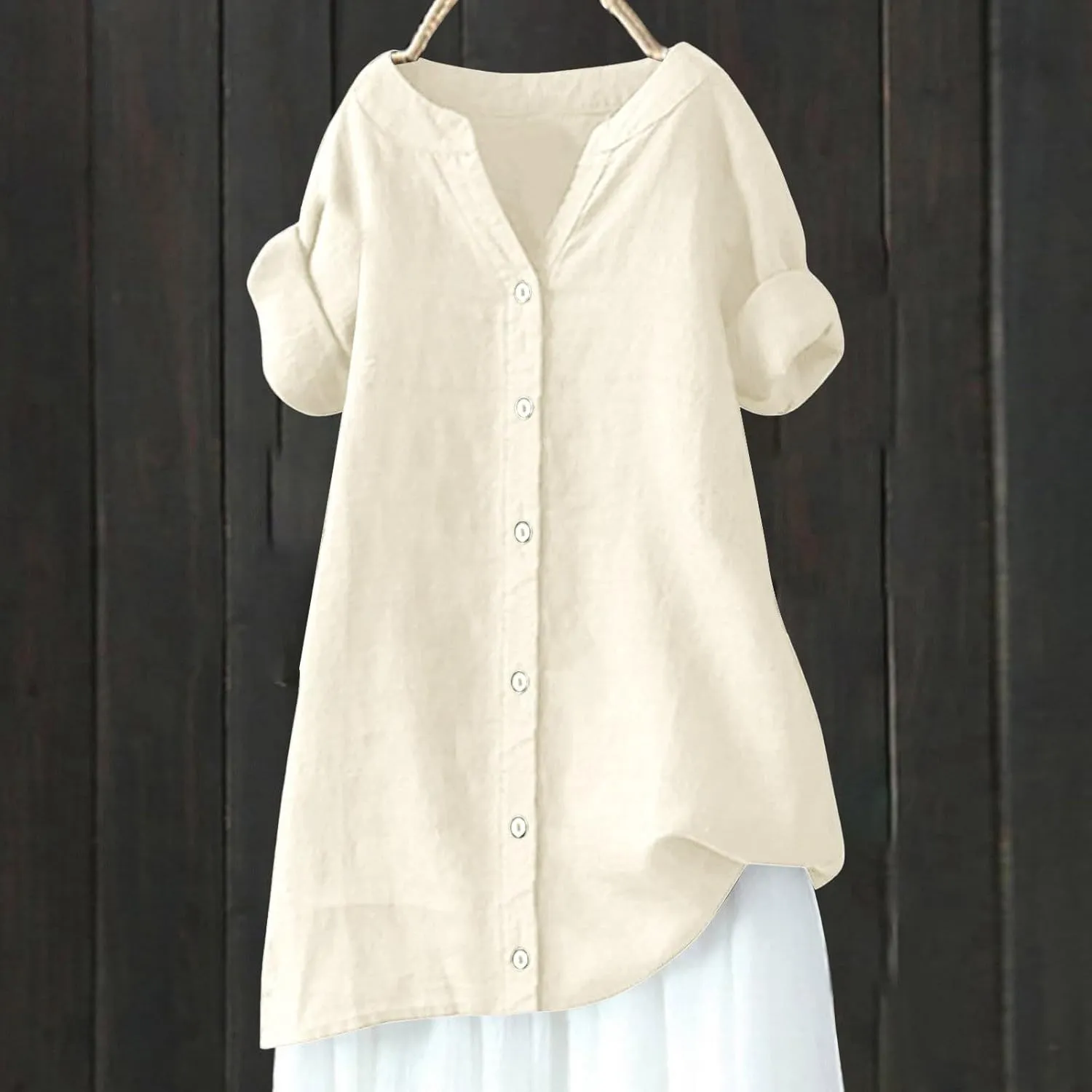 Women's Short Sleeve Linen Shirts Casual Round Neck Comfy T Shirt Button Down Collar Loose Summer Tee Shirts